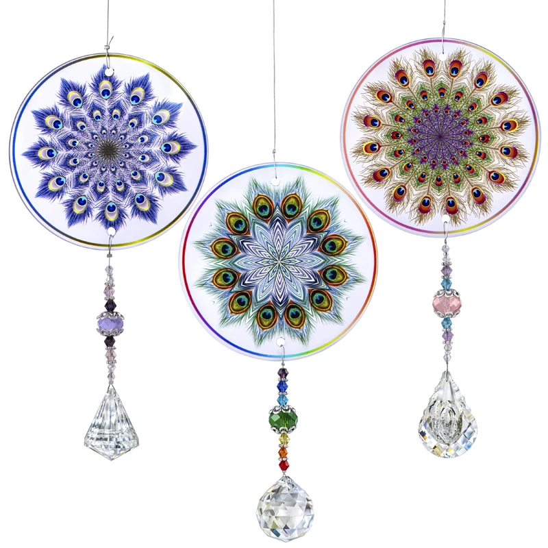 H&D Crystal Suncatcher Set 3pcs Glass Painted Peacock Feather Design Pendants with Rainbow Prisms Drops Hang Porch Ornament
H&D Crystal Suncatcher Set 3pcs Glass Painted Peacock Feather Design Pendants with Rainbow Prisms Drops Hang Porch Ornament