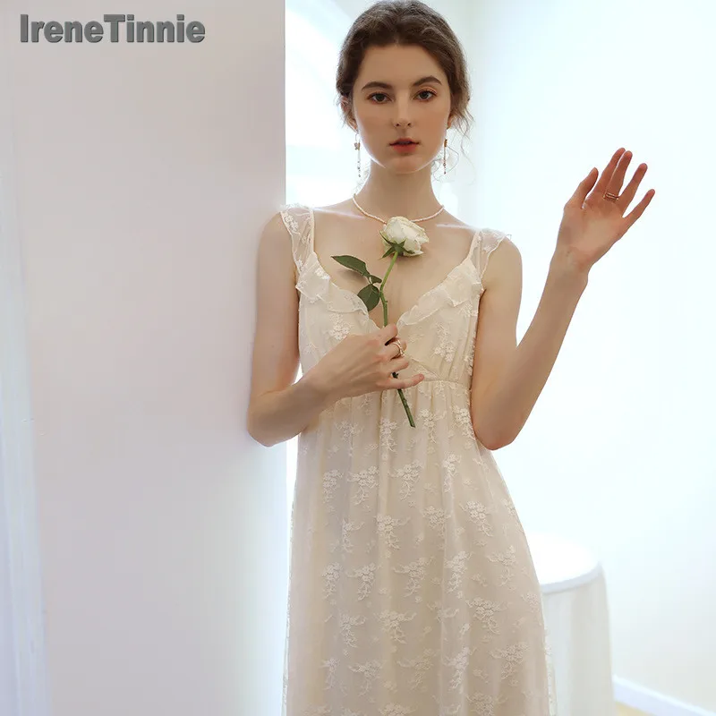 

Irene Tinnie Summer Women's INS Style Sleepwear Satin Princess Sleepshirts Vintage Ladies Girl's Ice Silk Nightgowns Nightdress