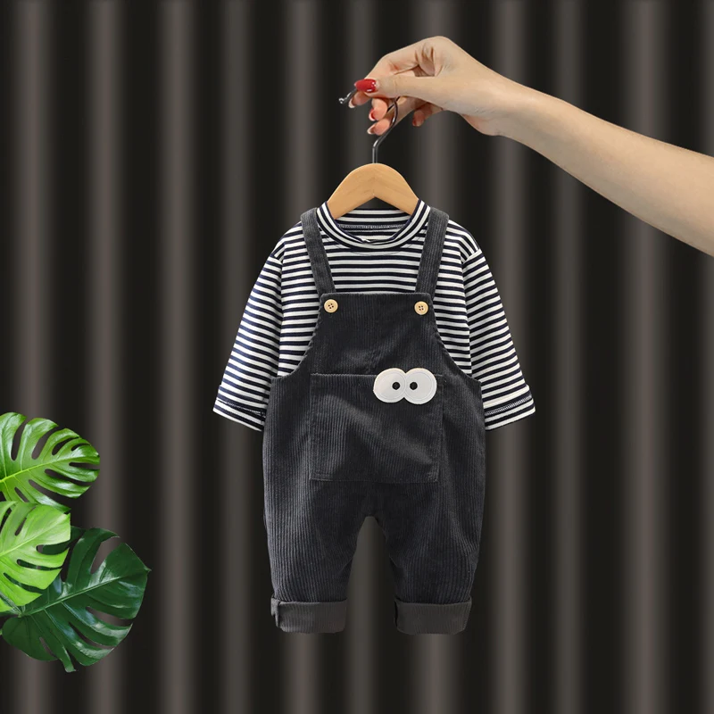 

Spring fall newborn baby boy's clothes outfit sets striped T-shirt + bib suit for baby boy's clothing 1st birthday babies sets