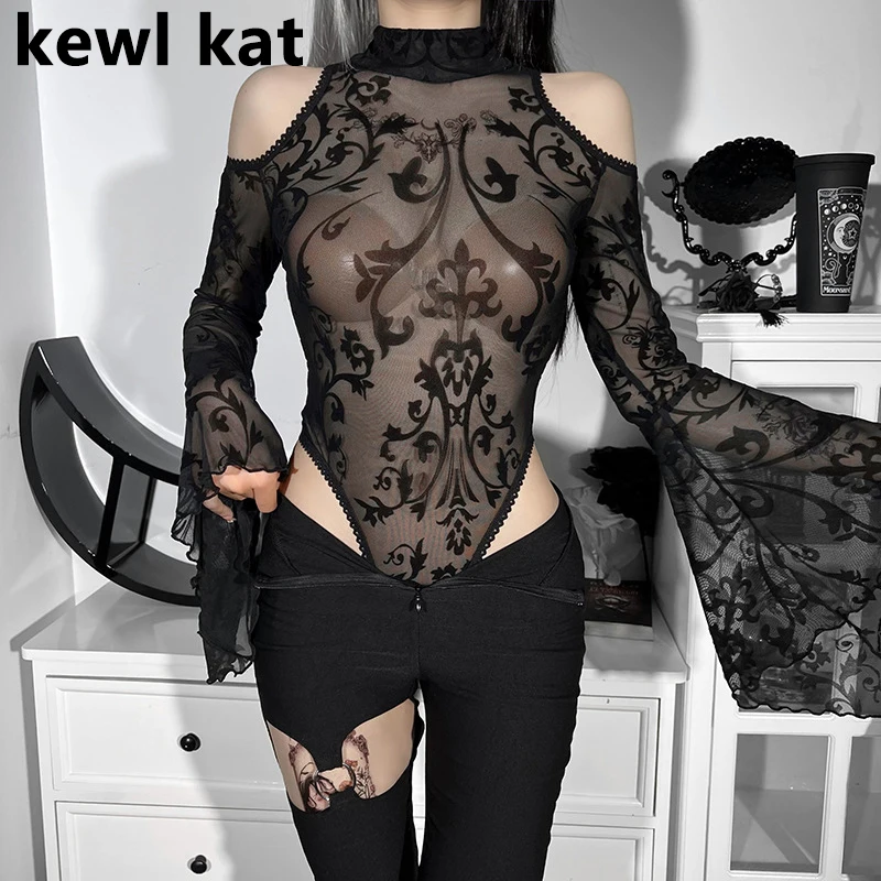 Goth Sexy Black Bodysuit Mesh See Through Pattern Clothing Women Off Shoulder Trumpet Sleeve Skinny Jumpsuit Party Club Bodysuit
Goth Sexy Black Bodysuit Mesh See Through Pattern Clothing Women Off Shoulder Trumpet Sleeve Skinny Jumpsuit Party Club Bodysuit