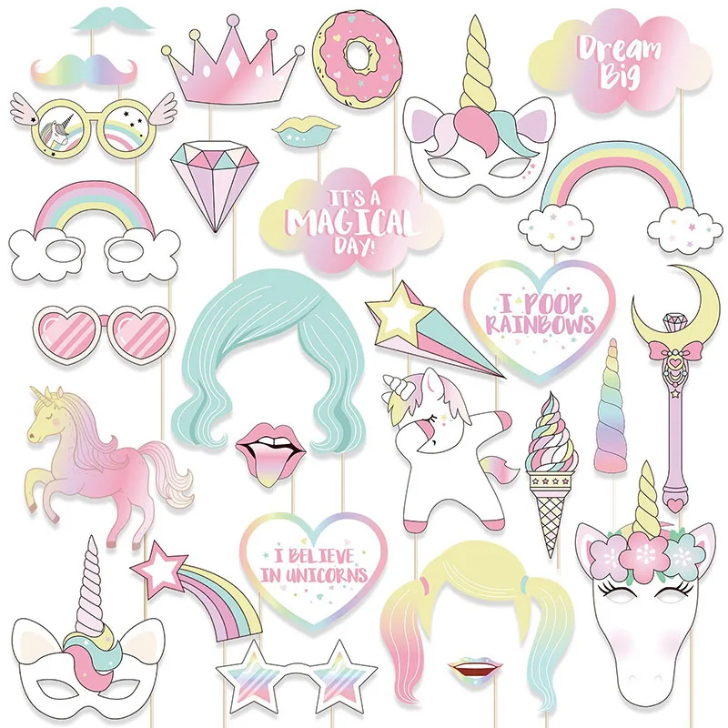 

29pcs/set Unicorn Party Photo Booth Props Rainbow Unicornio One 1st First Birthday Party Decoration Party Favor Supplies C17