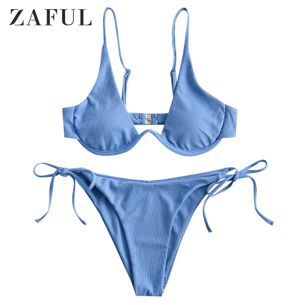 

ZAFUL Tie Side Underwire Ribbed Bikini Swimsuit Low Waisted Swimwear V Wired Solid Padded Bathing Suit Sexy Women 2020