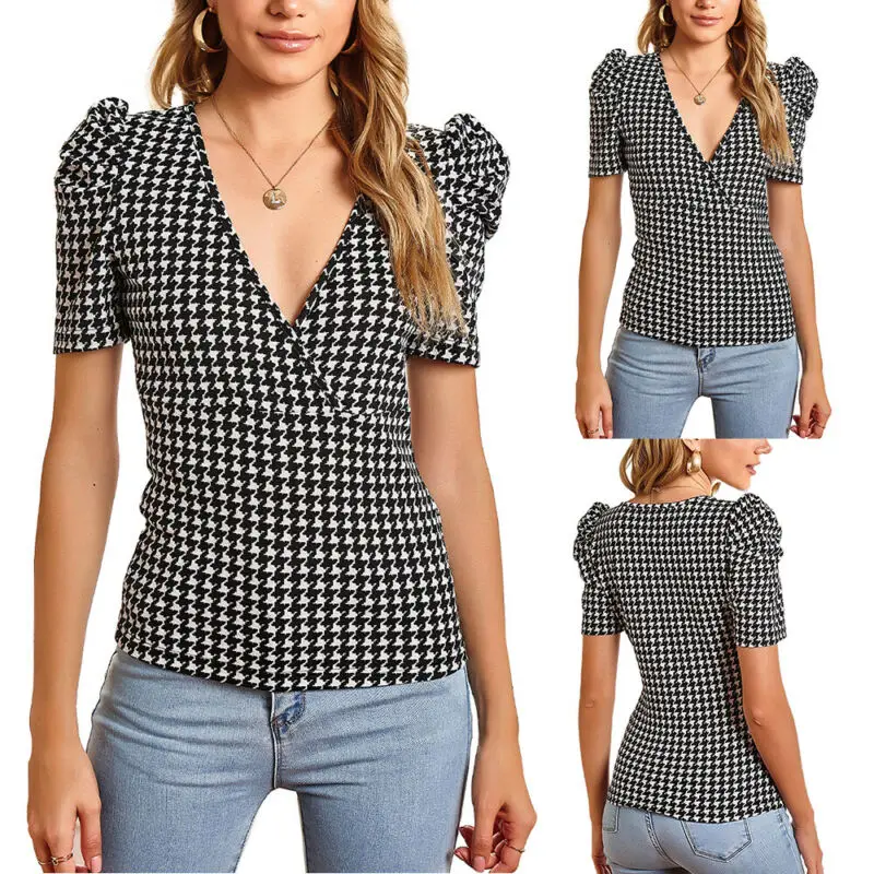 Women Summer Plaid V-Neck T-Shirt Tops Casual Slim Fit Short Sleeve Tee Blouse 
Women Summer Plaid V-Neck T-Shirt Tops Casual Slim Fit Short Sleeve Tee Blouse