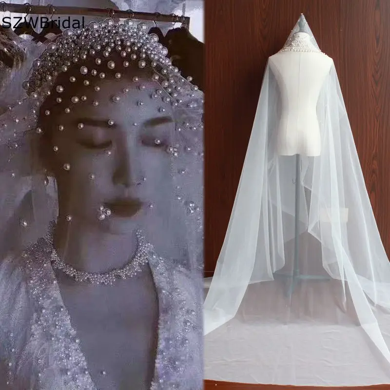 

Elegant Long Pearls Wedding Veil Tulle White Bridal Veil Luxurious Beaded Bride Veil Ivory Bridal Party Veils Without Comb