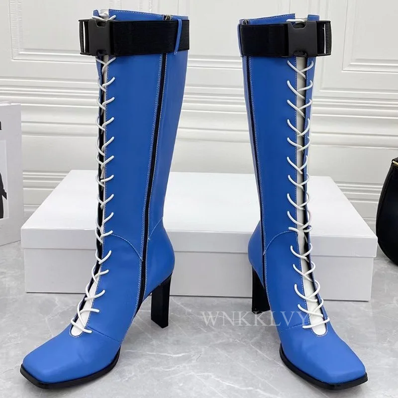 

Knee high boots women autumn winter genuine leather square toe cross tied martin boots high heels Runway knight long boots 2021