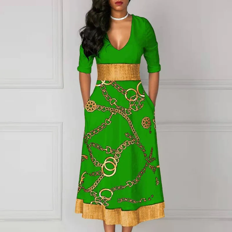 2021 Women New Chains Printed A-Line Dress Elegant V Neck Pocket Office Lady Long Dress Retro Long Sleeve Party Dresses Vestidos
2021 Women New Chains Printed A-Line Dress Elegant V Neck Pocket Office Lady Long Dress Retro Long Sleeve Party Dresses Vestidos