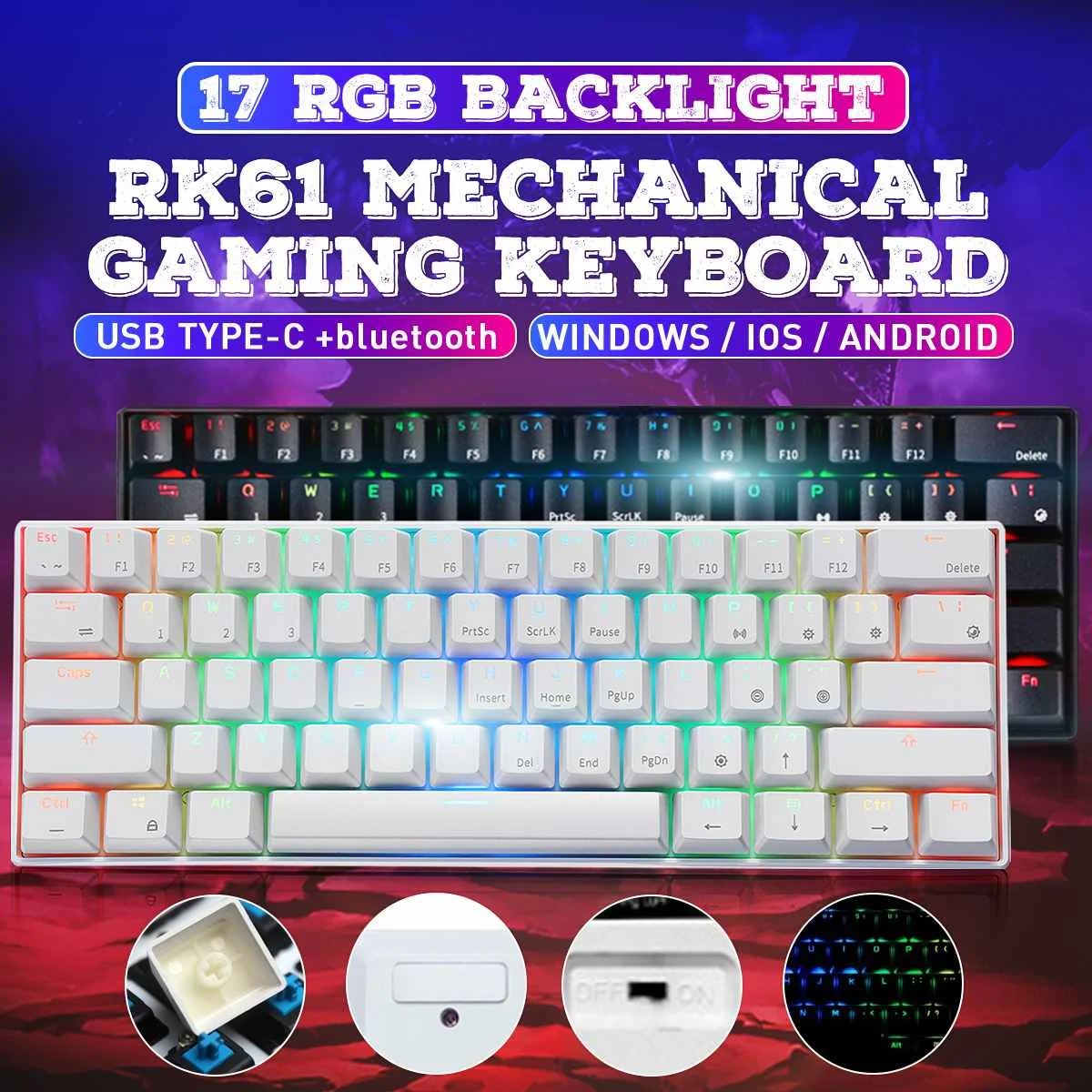 RK61 Mechanical Gaming Keyboard 60% RGB Dual Mode bluetooth Wireless Backlit Keyboard For PC Laptop Tablet Mobile Phone
RK61 Mechanical Gaming Keyboard 60% RGB Dual Mode bluetooth Wireless Backlit Keyboard For PC Laptop Tablet Mobile Phone