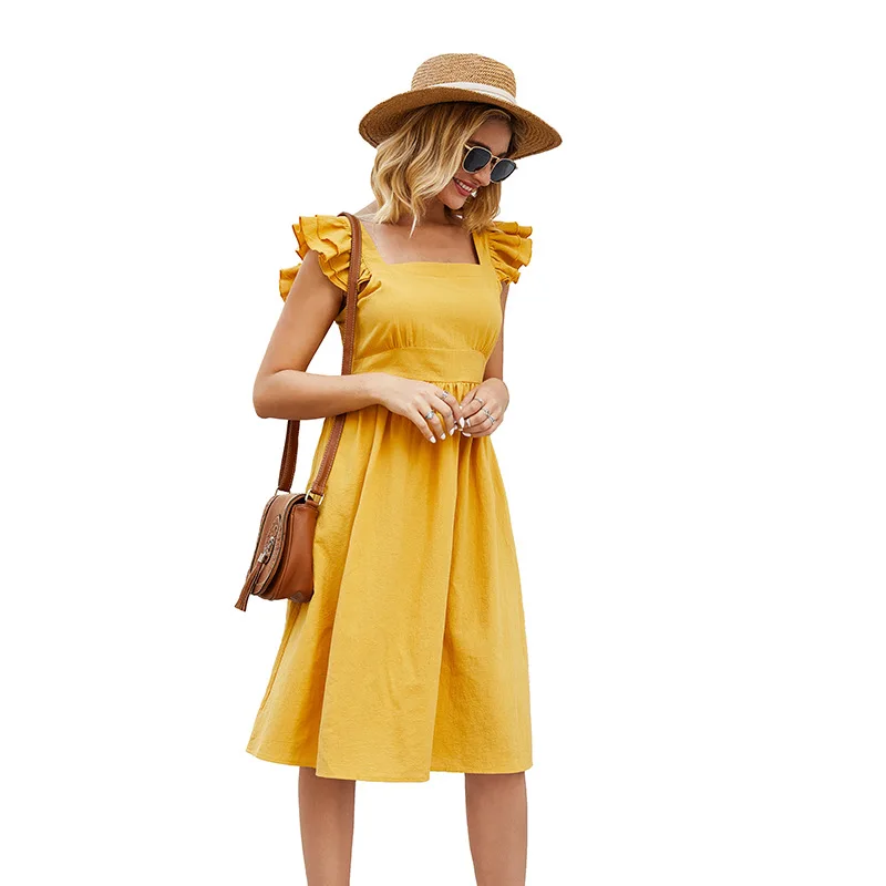 2021 spring and summer new sleeveless stitching ruffled sleeves square collar solid color open back lace dress
2021 spring and summer new sleeveless stitching ruffled sleeves square collar solid color open back lace dress