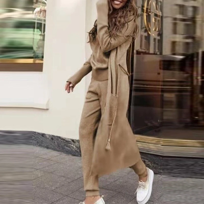 Casual Elastic Womens Three Piece Set Fashion Tassel Belt Long Cardigan Tops And Pants suits Elegant Solid Lady Outfits Homewear
Casual Elastic Womens Three Piece Set Fashion Tassel Belt Long Cardigan Tops And Pants suits Elegant Solid Lady Outfits Homewear