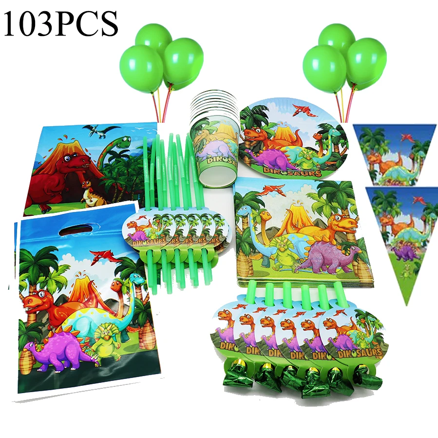 

103pcs Dinosaur Birthday Party Disposable Tableware Set Plates Cups Napkins Tablecloths Straws Gift Bags Boy Birthday Supplies
