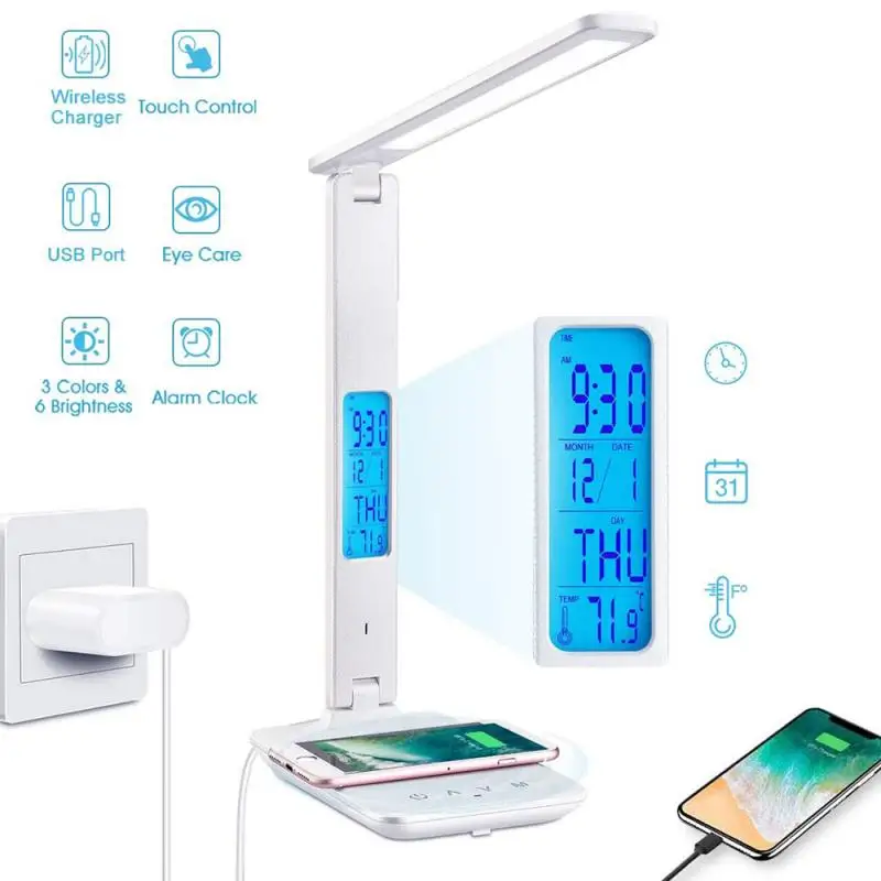 Wireless Charging LED Desk Lamp 180° Rotation Eye Protect Light Adjustable Calendar Thermometer Alarm Clock Home Accessories
Wireless Charging LED Desk Lamp 180° Rotation Eye Protect Light Adjustable Calendar Thermometer Alarm Clock Home Accessories