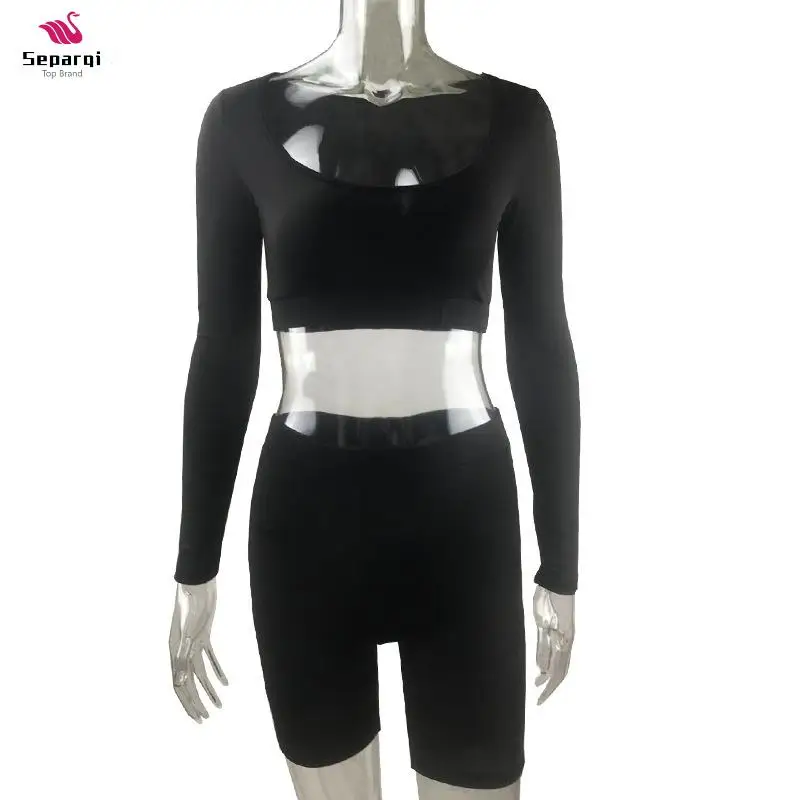 Fitness Tracksuit Two Pieces Set Women Skinny Elastic Sportwear Long Sleeve Solid Corp Top+biker Shorts Streetwear Outfit 
Fitness Tracksuit Two Pieces Set Women Skinny Elastic Sportwear Long Sleeve Solid Corp Top+biker Shorts Streetwear Outfit