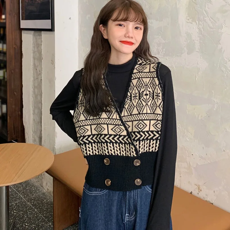 Women Sweater Vest Retro Sleeveless Knit Vest Autumn Winter Loose Casual V-Neck Chic Pattern Vest Sweaters For Female
Women Sweater Vest Retro Sleeveless Knit Vest Autumn Winter Loose Casual V-Neck Chic Pattern Vest Sweaters For Female