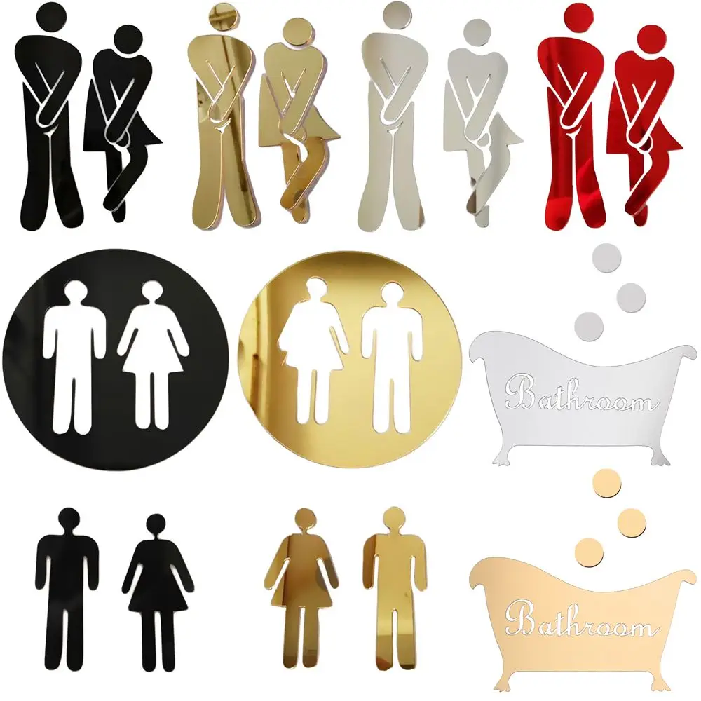 

Funny Washroom Poster Removable WC Decoration Woman & Man Mirror Surface Decal 3D Wall Stickers Toilet Entrance Sign