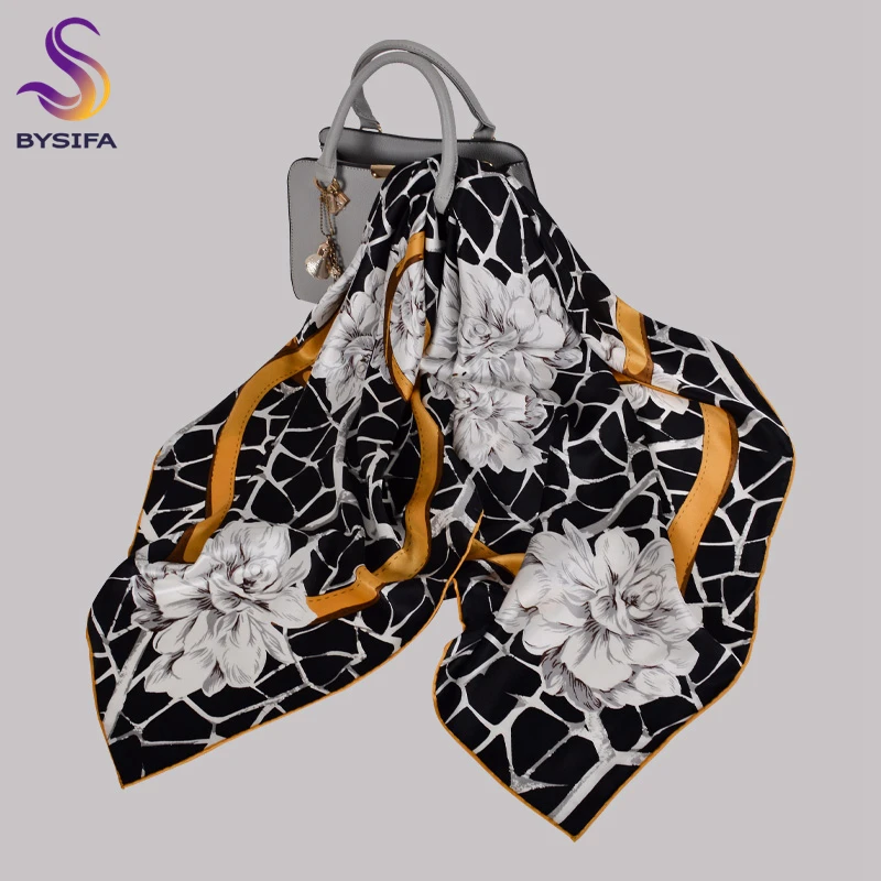 

BYSIFA|Black Gold 100% Silk Ladies Square Scarves Shawls New Floral Design Elegant Scarf Cape Fashion Brand Women Scarves Hijabs