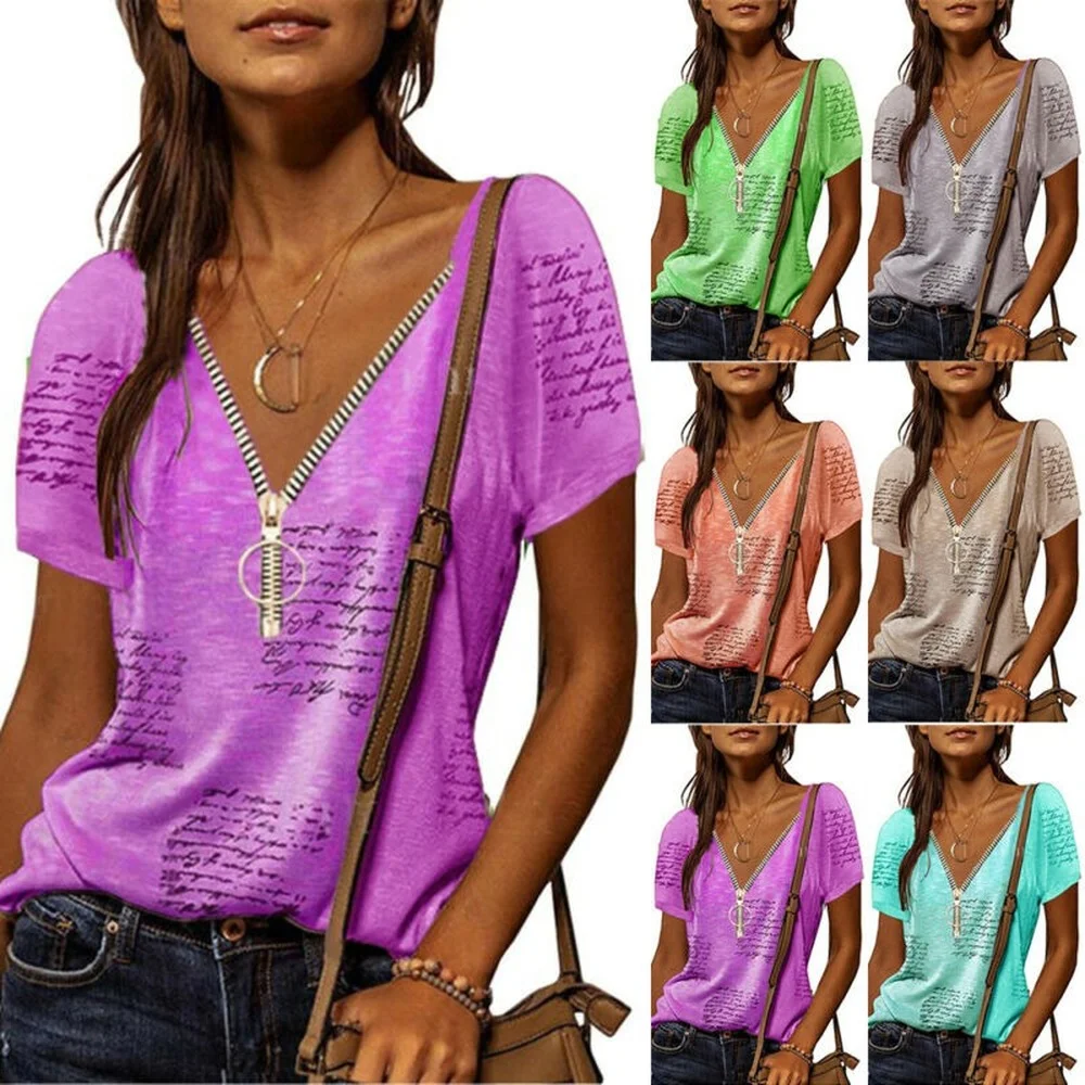 Women Summer Zip V-neck Print Short Sleeve T-Shirt Blouse Loose Casual Tee Tops
Women Summer Zip V-neck Print Short Sleeve T-Shirt Blouse Loose Casual Tee Tops