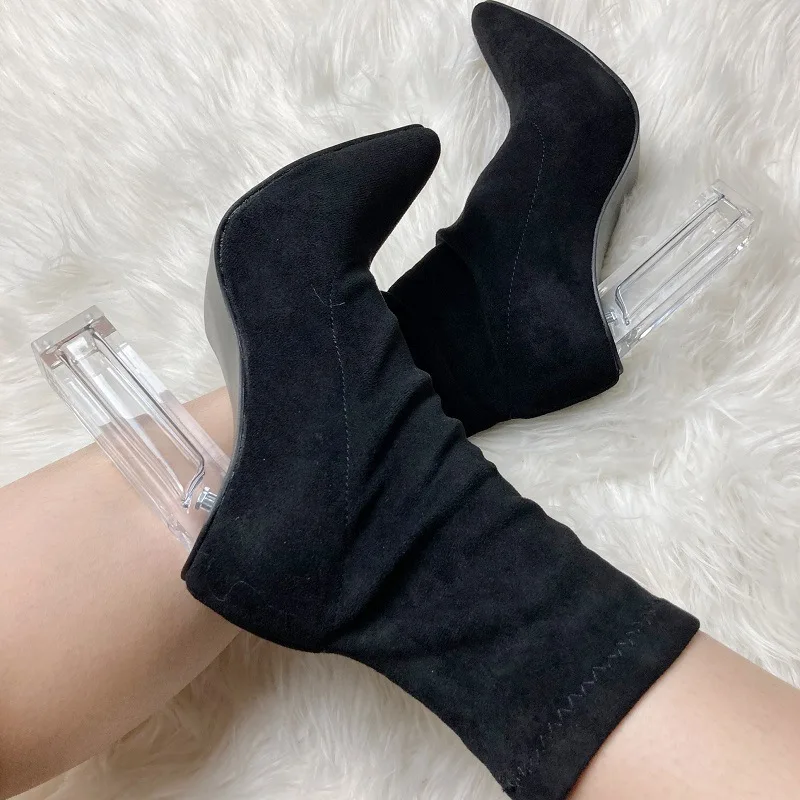 Sexy Women Boots Oversize High Square Transparent Heels Pointed Suede Leather Fashion Ladies Ankle Boots Free Shipping
Sexy Women Boots Oversize High Square Transparent Heels Pointed Suede Leather Fashion Ladies Ankle Boots Free Shipping