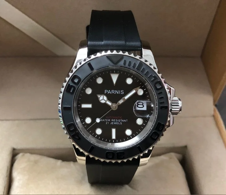 41MM PARNIS 21 jewels Automatic Self-Wind movement Ceramic bezel Sapphire Crystal luminous men's Mechanical watches GR41-21
41MM PARNIS 21 jewels Automatic Self-Wind movement Ceramic bezel Sapphire Crystal luminous men's Mechanical watches GR41-21
