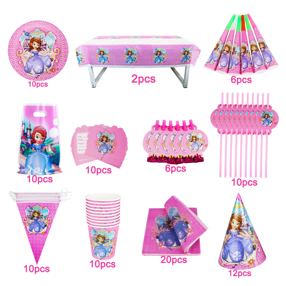 

106Pcs Disney Princess Sofia Disposable Tableware Birthday Party Straws Cup Plates Napkin Tablecloth Baby Shower Decoration