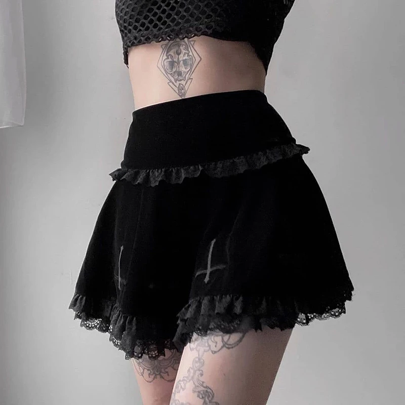 Black Embroidery Cross Lace Patchwork Mall Goth Emo Egirl Mini Skirt for Women Cute Womens High Waisted Gothic Punk Ruffle Skirt
Black Embroidery Cross Lace Patchwork Mall Goth Emo Egirl Mini Skirt for Women Cute Womens High Waisted Gothic Punk Ruffle Skirt