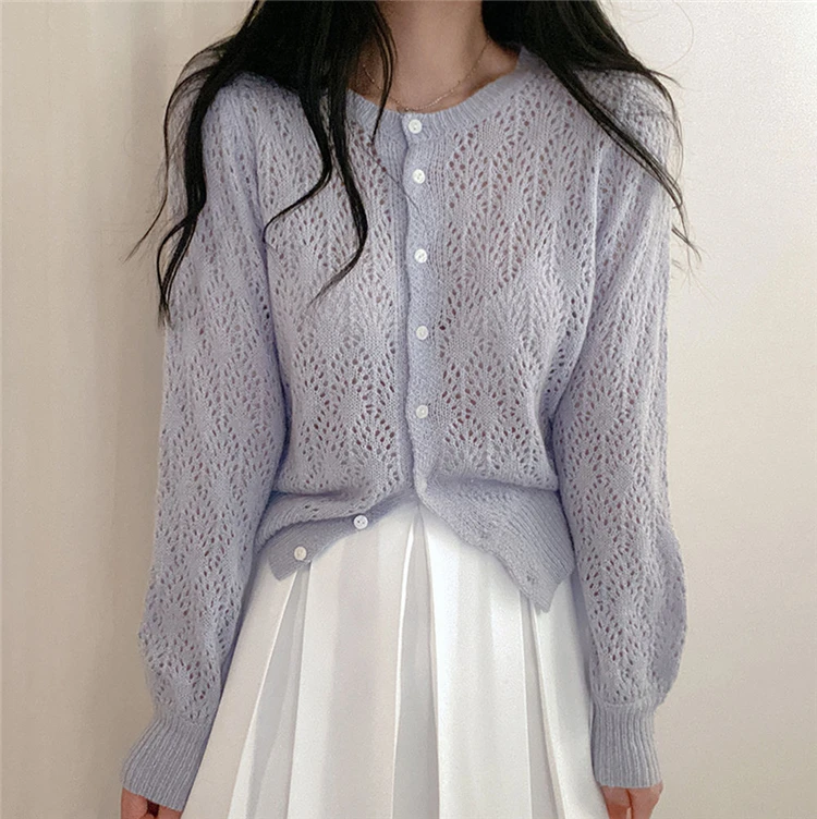 Mohair Cashmere Knitted Sweater Cardigans Womne Single Breasted Korean Hollow Out Knitwear Long Sleeve Purple O-Neck 2021
Mohair Cashmere Knitted Sweater Cardigans Womne Single Breasted Korean Hollow Out Knitwear Long Sleeve Purple O-Neck 2021