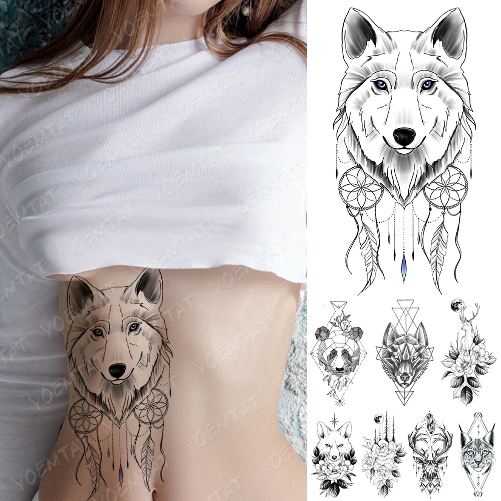 

Waterproof Temporary Tattoo Sticker Line Geometry Fox Panda Wolf Tattoos Deer Flowers Body Art Arm Fake Sleeve Tatoo Women Men