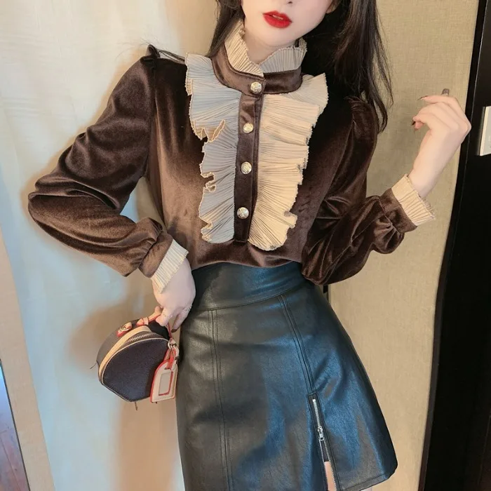 Vintage Hit Color Patchwork Wooden Ear Blouse Women Stand Collar Flare Long Sleeve Pullover Blusas Velour Slim Shirt
Vintage Hit Color Patchwork Wooden Ear Blouse Women Stand Collar Flare Long Sleeve Pullover Blusas Velour Slim Shirt