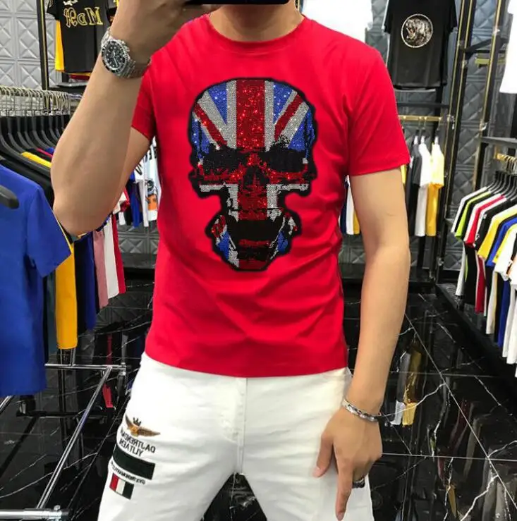 Fashion Shiny Rhinestone Skull T-shirt Men Round Neck Short Sleeve Diamond Skulls Designer Tshirt 100% Cotton Street Trendy Tees
Fashion Shiny Rhinestone Skull T-shirt Men Round Neck Short Sleeve Diamond Skulls Designer Tshirt 100% Cotton Street Trendy Tees