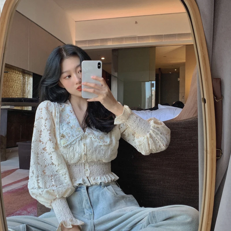 Женская шифоновая блузка с принтом, кружевная Повседневная винтажная блузка с открытыми плечами, BW50XF 
Женская шифоновая блузка с принтом, кружевная Повседневная винтажная блузка с открытыми плечами, BW50XF