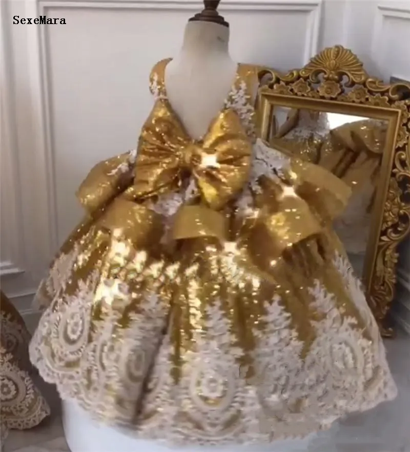 Gold Sequins Baby Girls First Birthday Dress with White Lace Applique Bow Kds Clothes for Party Prom Pageant | Свадьбы и торжества