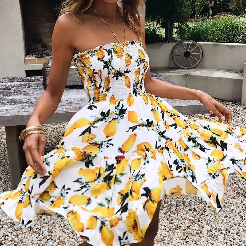 Fashion Sexy Bra Dress Women Lemon Flower Print Backless Sleeveless Boho Mini 2020 New Ruffles Beach Party Dresses | Женская одежда