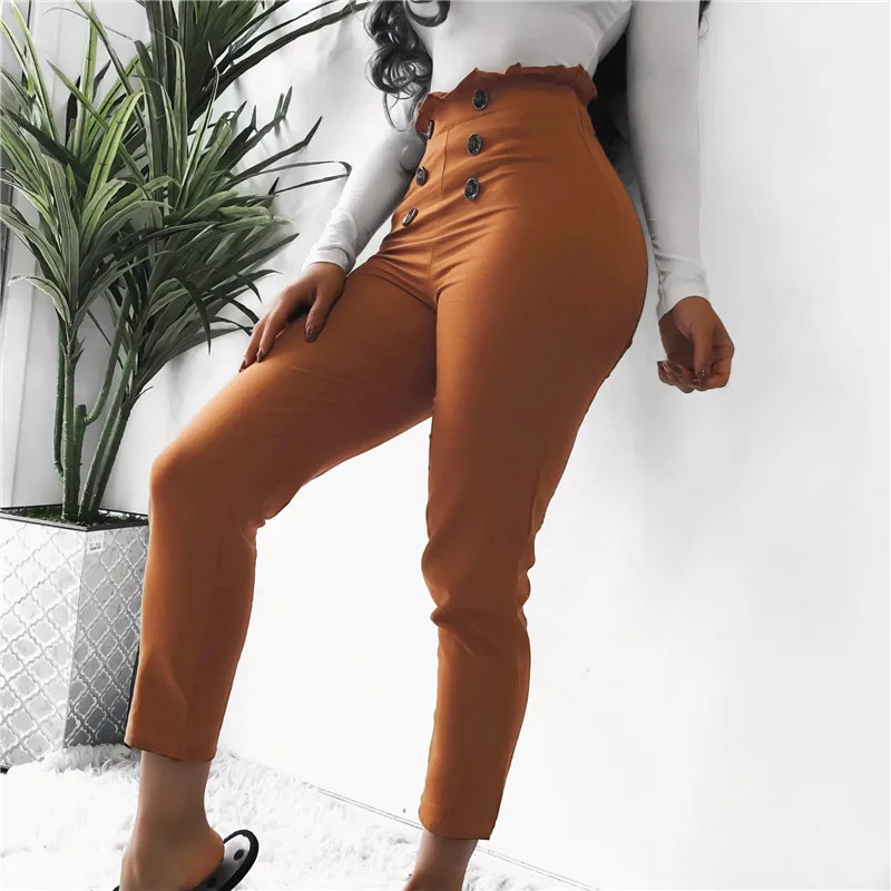 Women Fashion Pencil Pant Button Decor Elastic High Waist Solid Color Pant Ladies Spring Autumn Slim Hip Long Trouser Streetwear 
Women Fashion Pencil Pant Button Decor Elastic High Waist Solid Color Pant Ladies Spring Autumn Slim Hip Long Trouser Streetwear