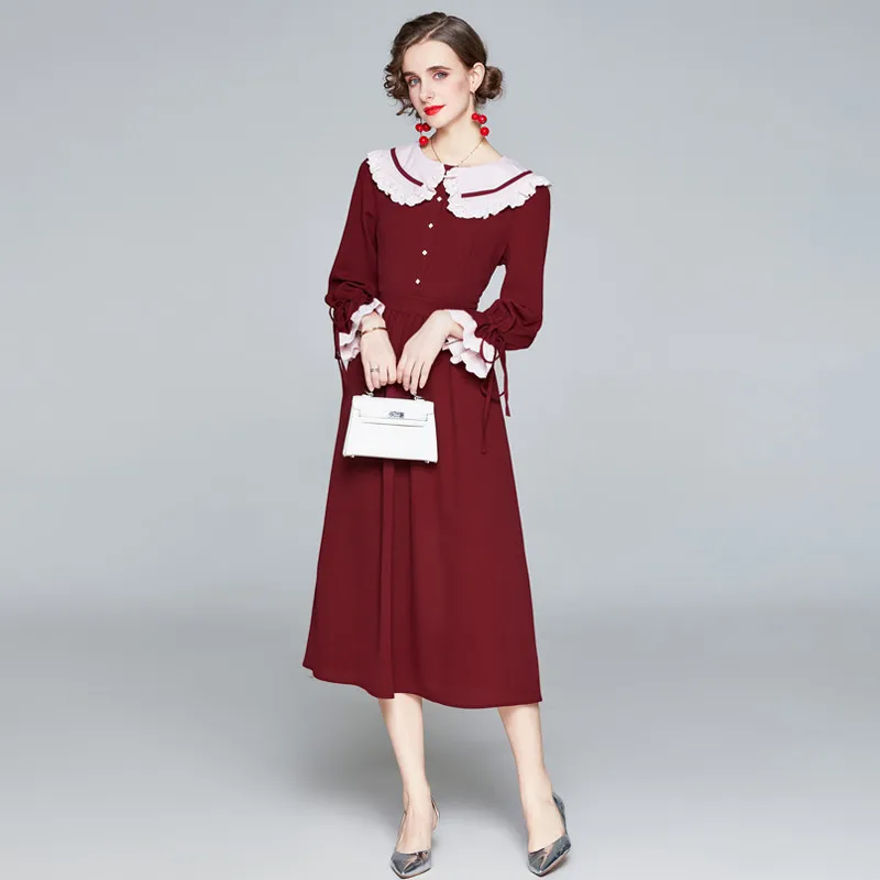 New 2021 Spring Autumn Elegant Vintage Long Dress Peter pan Collar Slim Long Sleeve Wine Red Party Maxi Dresses Vestidos
New 2021 Spring Autumn Elegant Vintage Long Dress Peter pan Collar Slim Long Sleeve Wine Red Party Maxi Dresses Vestidos