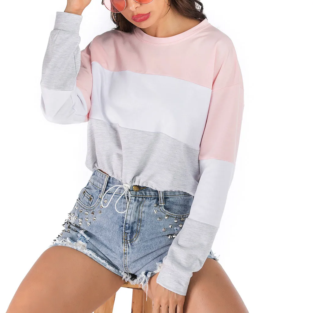 Fashion Women Sweatshirt Short Shirt Casua Croppedl O Neck Patchwork Long Sleeve Drawstring Sweatershirts Female Tops Shirts 
Fashion Women Sweatshirt Short Shirt Casua Croppedl O Neck Patchwork Long Sleeve Drawstring Sweatershirts Female Tops Shirts