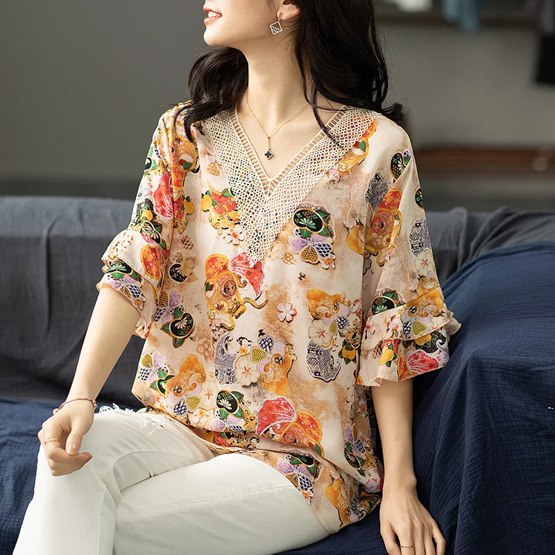 Женский топ с коротким рукавом, шифоновый топ с цветочным принтом, с V-образным вырезом и бабочкой, лето L-5XL, футболки Блузы-топы, 2021
Женский топ с коротким рукавом, шифоновый топ с цветочным принтом, с V-образным вырезом и бабочкой, лето L-5XL, футболки Блузы-топы, 2021