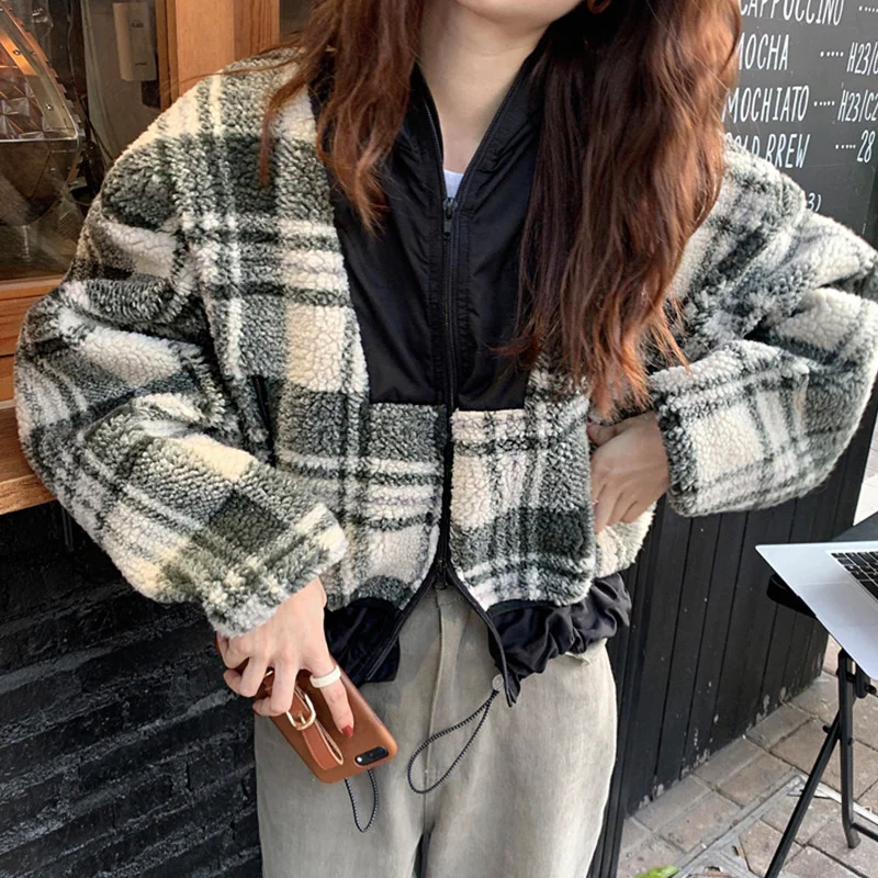 Korean Chic French Splicing Contrast Check Design Double Zipper Drawcord Imitation Lamb Wool Short Coat Women
Korean Chic French Splicing Contrast Check Design Double Zipper Drawcord Imitation Lamb Wool Short Coat Women