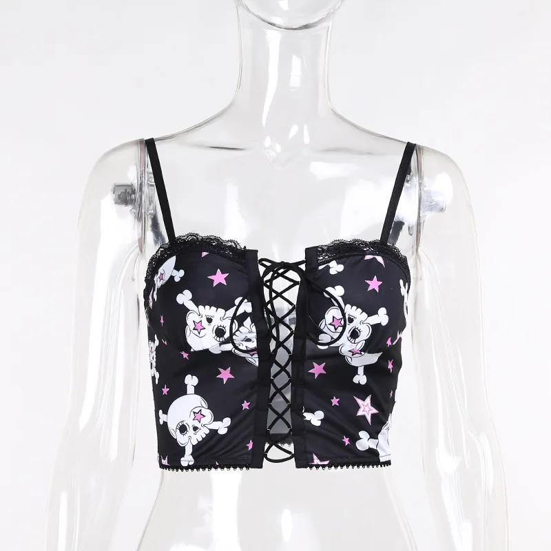 Women Sexy Two Piece Suit Diablo Sweet Hot Print Five-pointed Star Skull Sling Sleeveless Fashion Lacing Slash Neck Sexy Hot New
Women Sexy Two Piece Suit Diablo Sweet Hot Print Five-pointed Star Skull Sling Sleeveless Fashion Lacing Slash Neck Sexy Hot New
