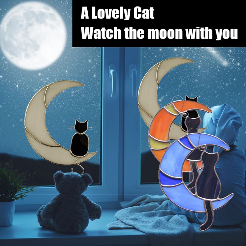 Cartoon moon cat window sticker decoration home wall Door car window wardrobe decor sticker Cat sitting on the moon