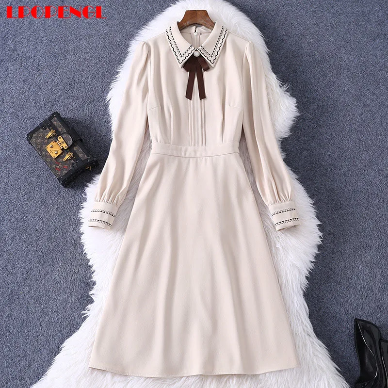 Женское платье-пуловер с отложным воротником, однотонное Повседневное платье с длинным рукавом и декоративным бантом, весна 2021 
Женское платье-пуловер с отложным воротником, однотонное Повседневное платье с длинным рукавом и декоративным бантом, весна 2021