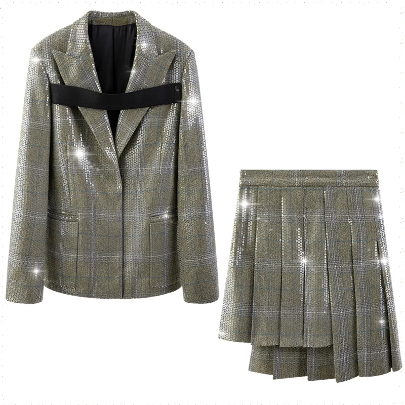 Irregular Sequins Women's Suit Patchwork Plaid Suits With Skirt Tops Women 2021 Asymmetry High Waist Skirts Sets Matching
Irregular Sequins Women's Suit Patchwork Plaid Suits With Skirt Tops Women 2021 Asymmetry High Waist Skirts Sets Matching