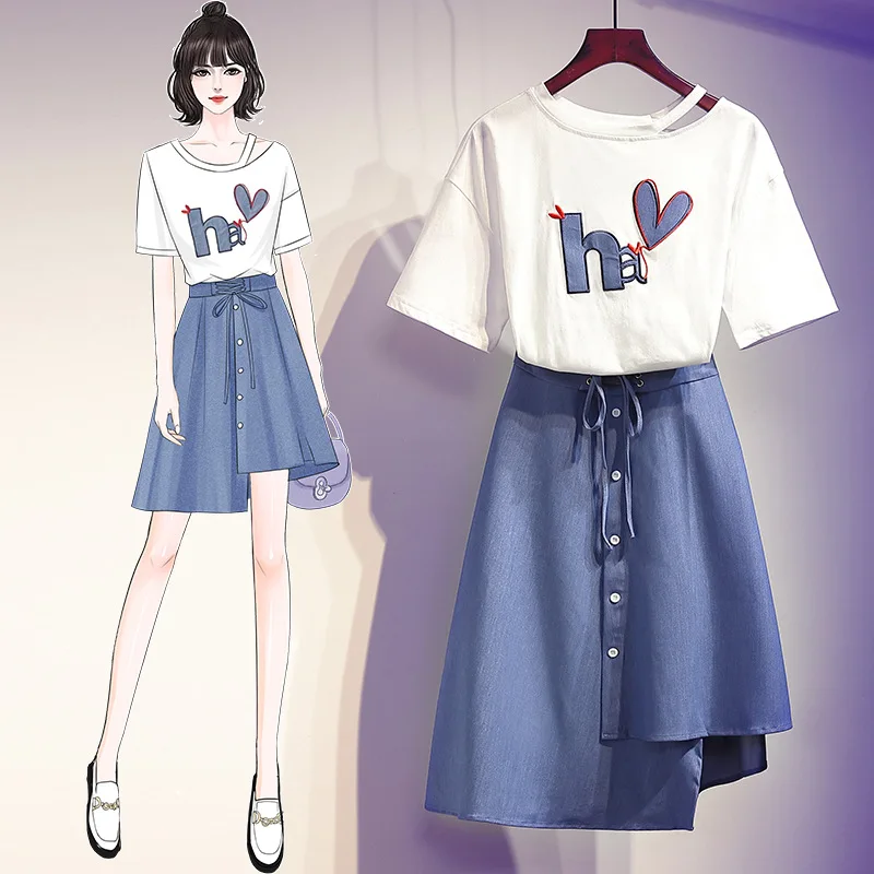 Summer Women Fashion 2 Piece Sets Letter Embroidery Short Off Shoulder T Shirt & Denim Skirt Suits two piece short Set
Summer Women Fashion 2 Piece Sets Letter Embroidery Short Off Shoulder T Shirt & Denim Skirt Suits two piece short Set