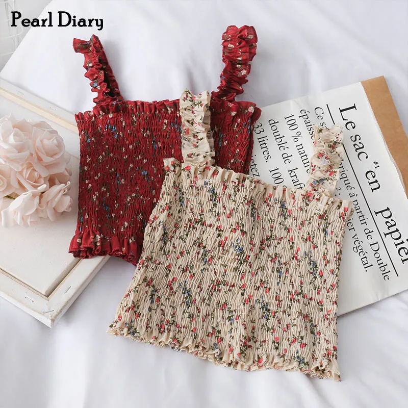 

Pearl Diary Women Smocked Cami Top Disty Floral Print Ruched Cropped Length Top Stretchable Floral Shirred Crop Cami Top 2020