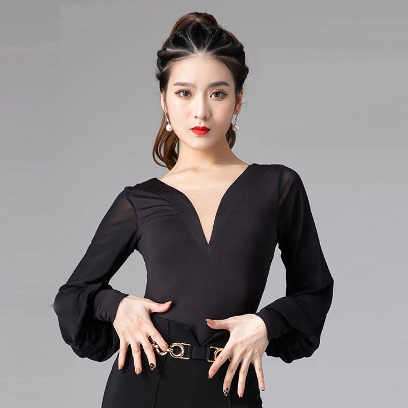 

Latin Dance Stage Costume Women Lantern Sleeve Leotard Rumba Ballroom Competition Dancewear Tango Waltz Dancing Clothes VDB4646