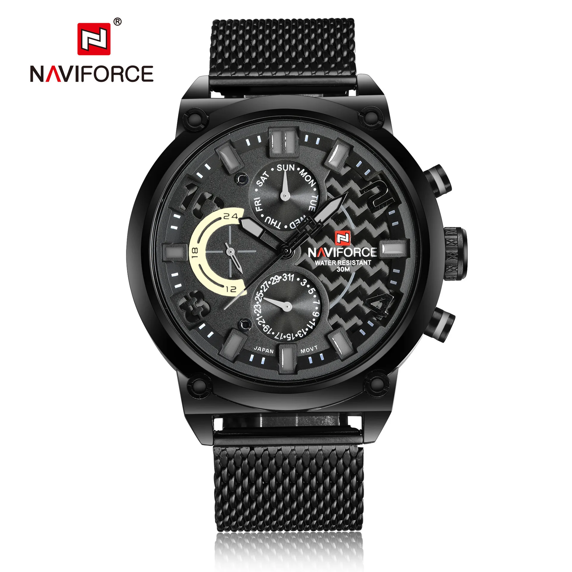 NAVIFORCE9068 trendy men's watch three-eye sports fashion quartz woven mesh watch
NAVIFORCE9068 trendy men's watch three-eye sports fashion quartz woven mesh watch
