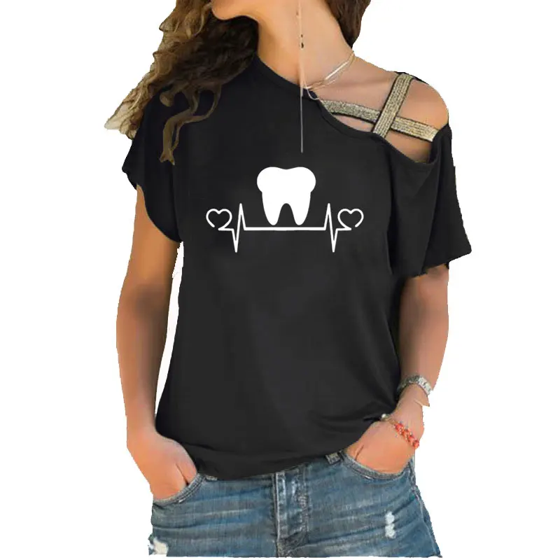 Fashion Tooth TEETH Lifeline Heartbeat Print T Shirt Summer Short Sleeve Women Irregular Skew Cross Bandage cotton tees
Fashion Tooth TEETH Lifeline Heartbeat Print T Shirt Summer Short Sleeve Women Irregular Skew Cross Bandage cotton tees