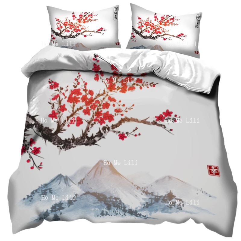 

East Ink Painting Duvet Cover Set By Ho Me Lili Mountains Plum Blossom Longevity Crane Pattern Printing Decor Bedding