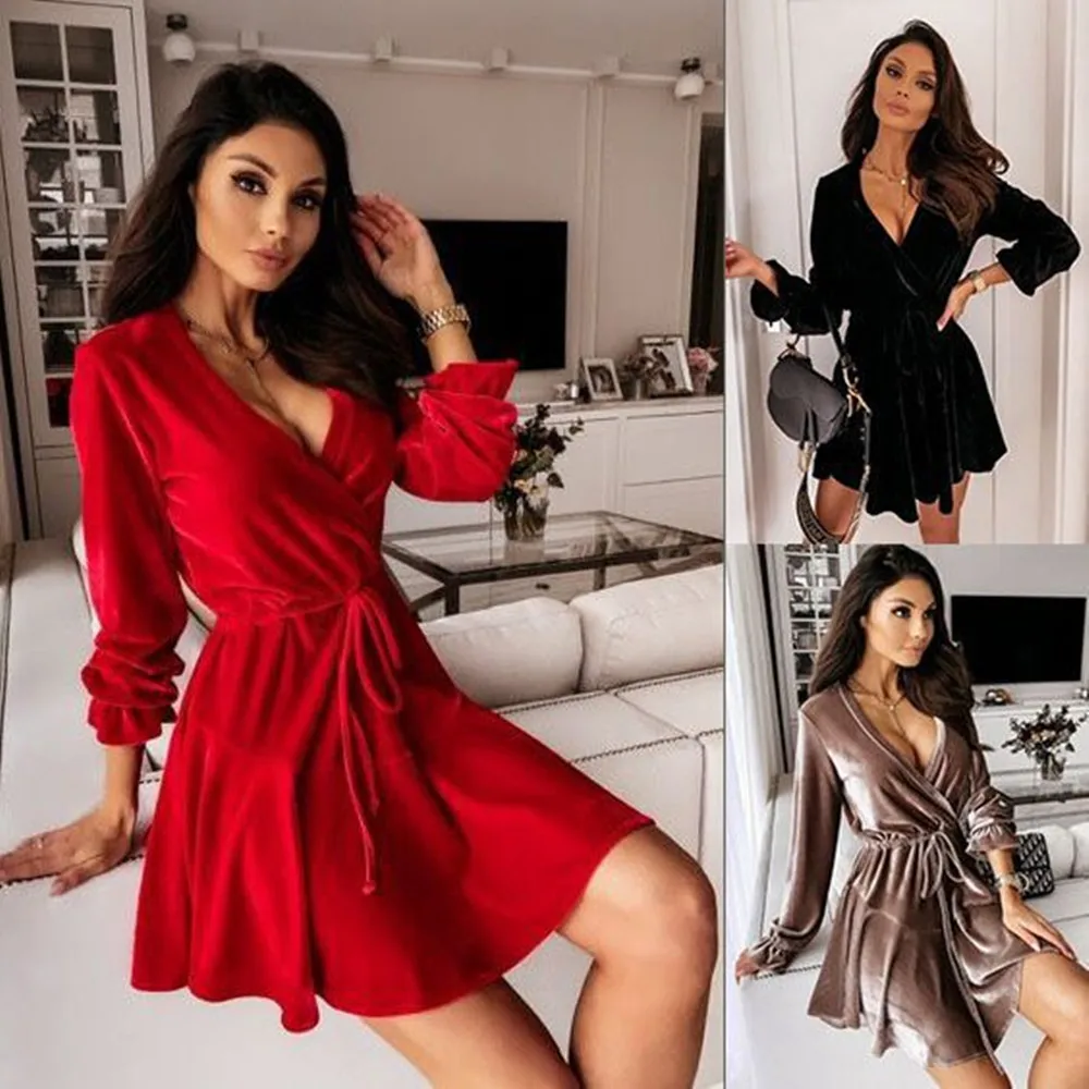 Autumn And Winter Velvet Slim Sexy V Neck Solid Color Dress Women Elegant Party Club Lace Up Mini Dress Femme Robe Vestidos 2020
Autumn And Winter Velvet Slim Sexy V Neck Solid Color Dress Women Elegant Party Club Lace Up Mini Dress Femme Robe Vestidos 2020