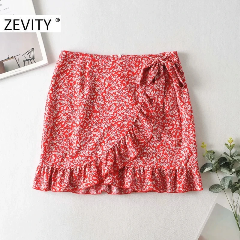 

Zevity Women tropical flower print cascading ruffles bow asymmetrical skirt faldas mujer female back zipper casual skirts QUN676