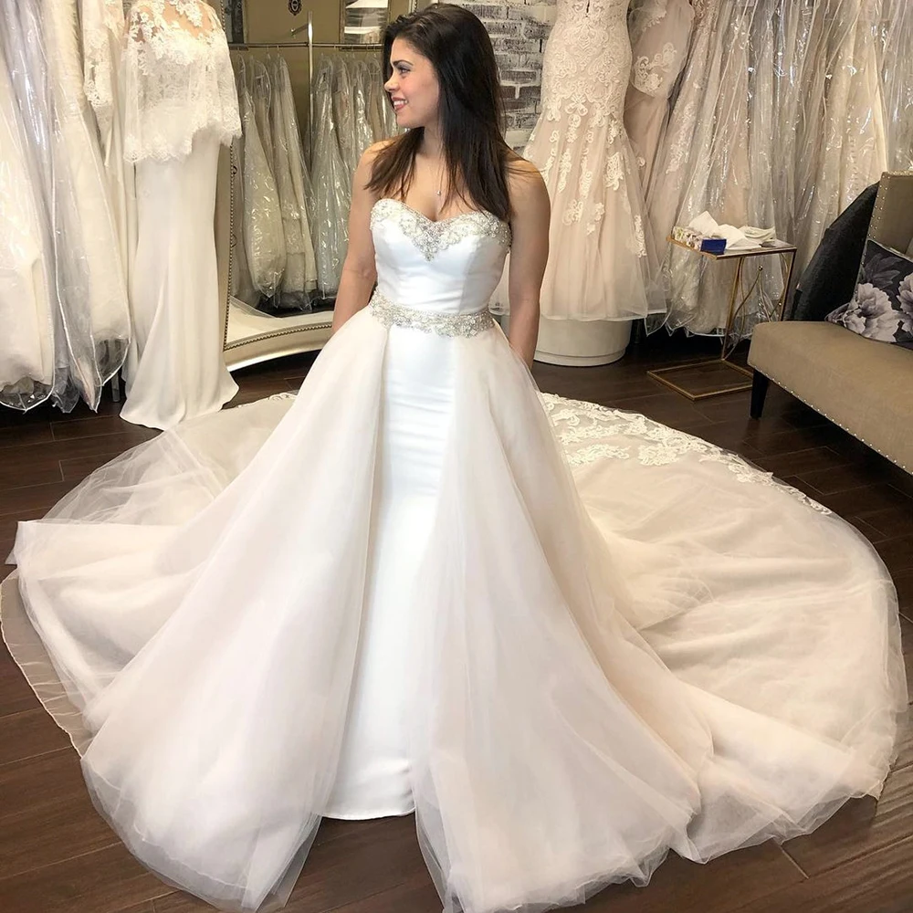 

UZN Elegant Ivory Mermaid Satin Wedding Dress White Sweetheart Strapless Bridal Gown Detachable A-Line Skirt Wedding Gowns