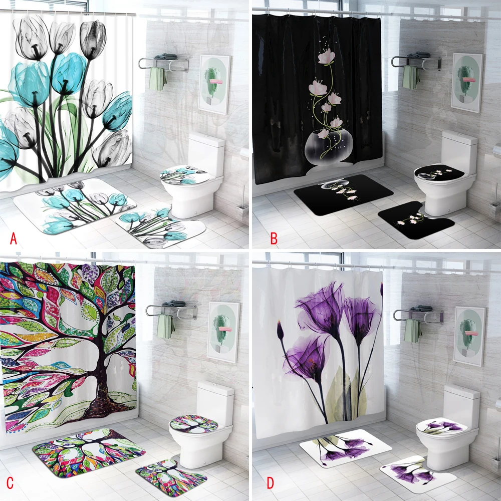 Fashion 3d Colorful Tulip Lotus Flowers Shower Curtain Simple Waterproof Bathroom Set Non-Slip Rugs Toilet Lid Cover Bath Mat 
Fashion 3d Colorful Tulip Lotus Flowers Shower Curtain Simple Waterproof Bathroom Set Non-Slip Rugs Toilet Lid Cover Bath Mat